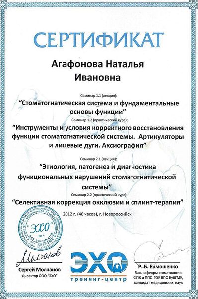 Стоматогнатическая система, артикуляторы и аксиография, три семинара (2013) — Агафонова Наталия Ивановна
